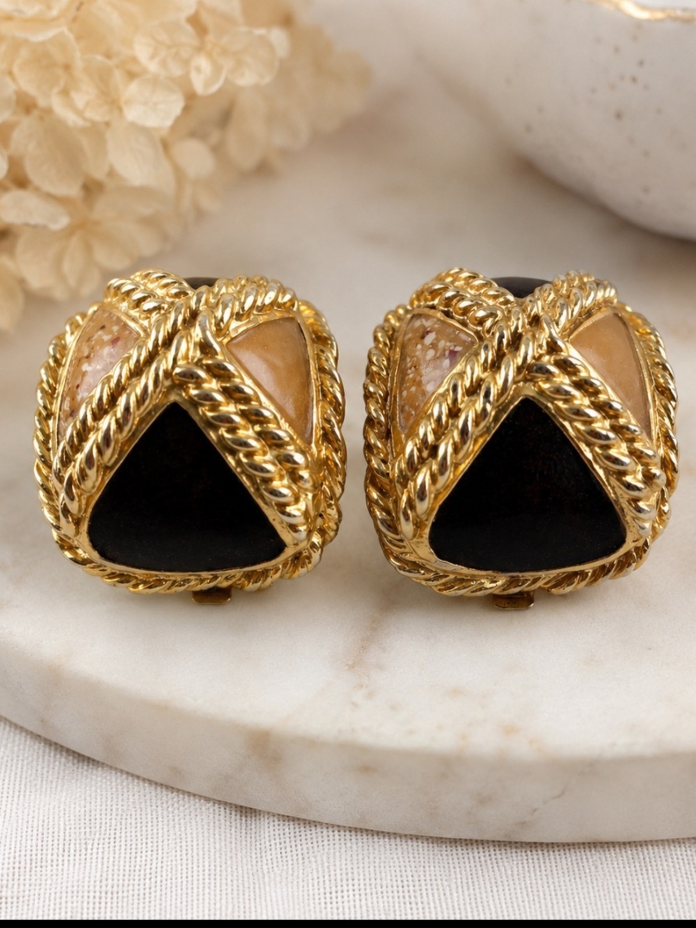 Gold-Tone Black and Beige Statement Clip Earrings